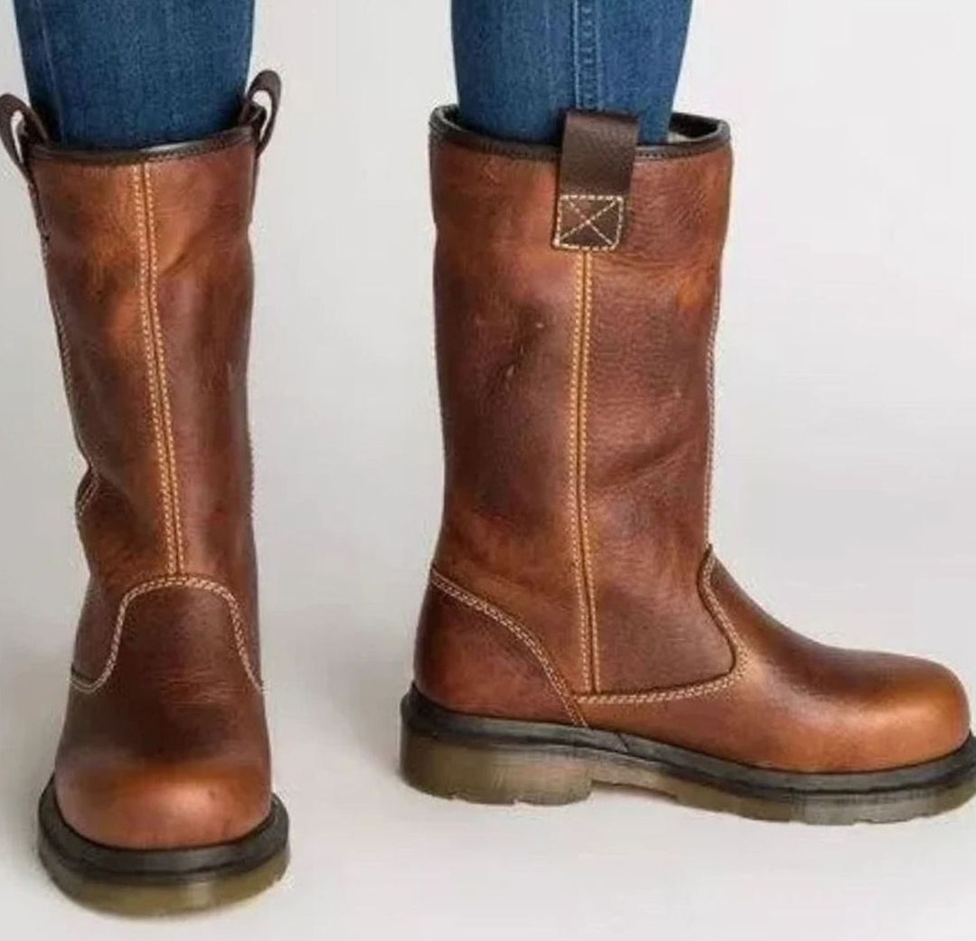 Women's Mid-Calf Pull-On Lined Leather Boots - Brown
