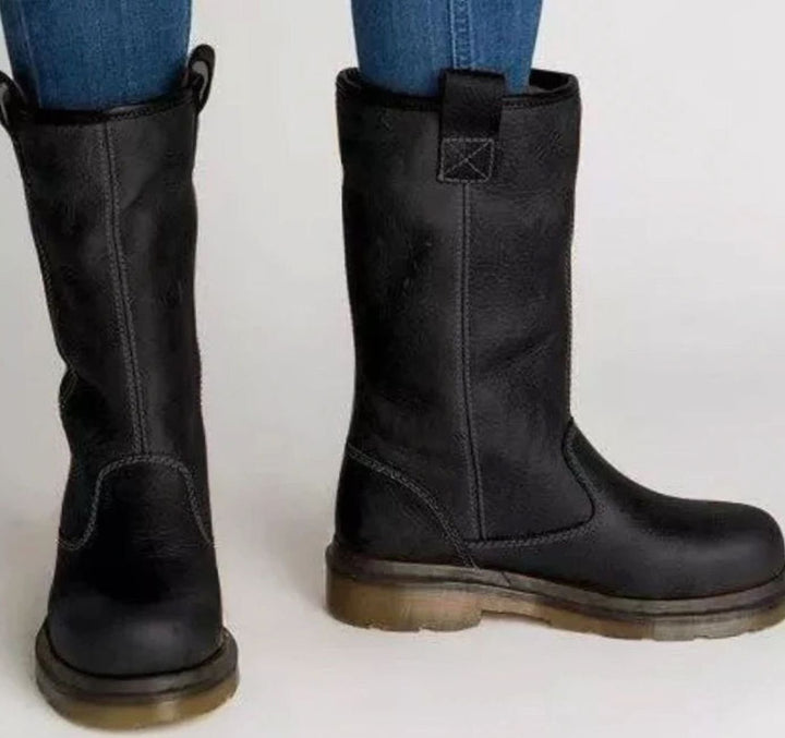 Women's Mid-Calf Pull-On Lined Leather Boots - Black