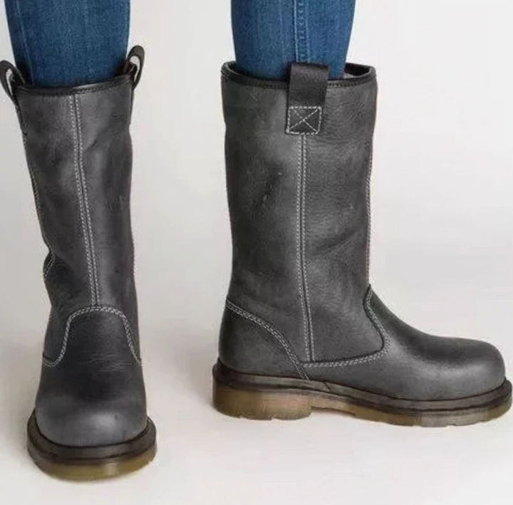 Women's Mid-Calf Pull-On Lined Leather Boots - Gray