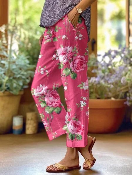 Women's Mid-Waist Loose-Fit Floral Print Casual Pants - Rose Pink