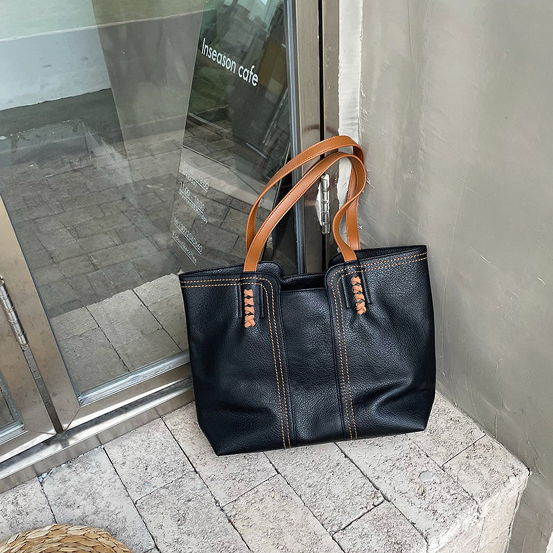 Women's Minimalist Faux Leather Large Structured Tote Bag - Schwarz