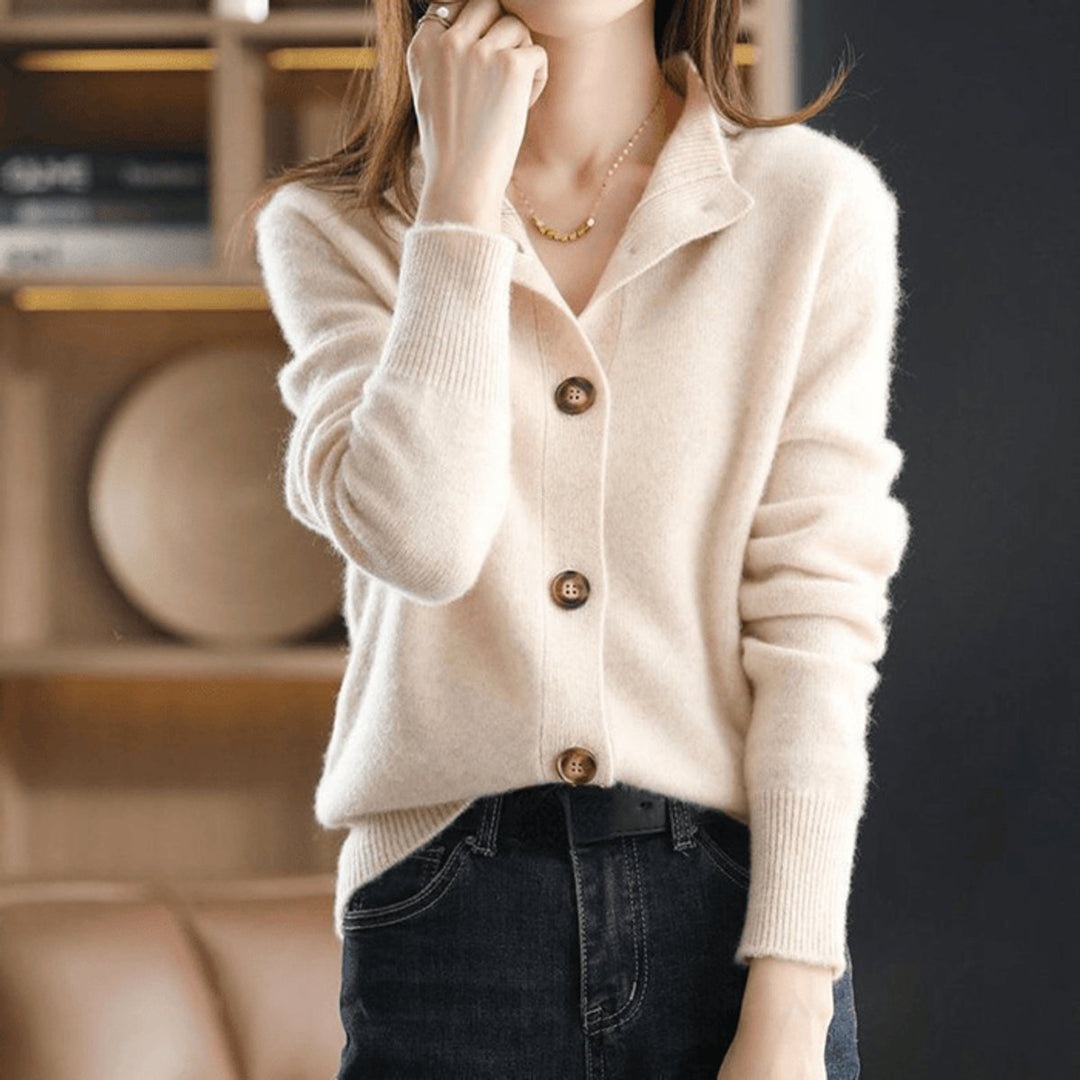 Women's Mock Neck Button-Front Cashmere Knit Cardigan - Beige
