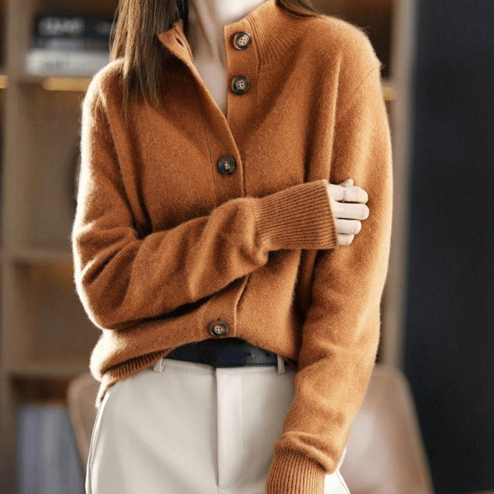 Women's Mock Neck Button-Front Cashmere Knit Cardigan - Orange