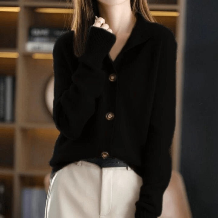 Women's Mock Neck Button-Front Cashmere Knit Cardigan - Black