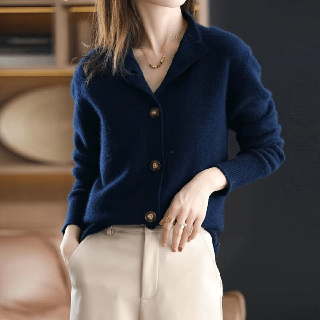 Women's Mock Neck Button-Front Cashmere Knit Cardigan - Dark Blue