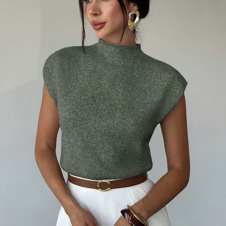 Women's Mock Neck Cap-Sleeve Knitted Sweater Vest - Olive Green