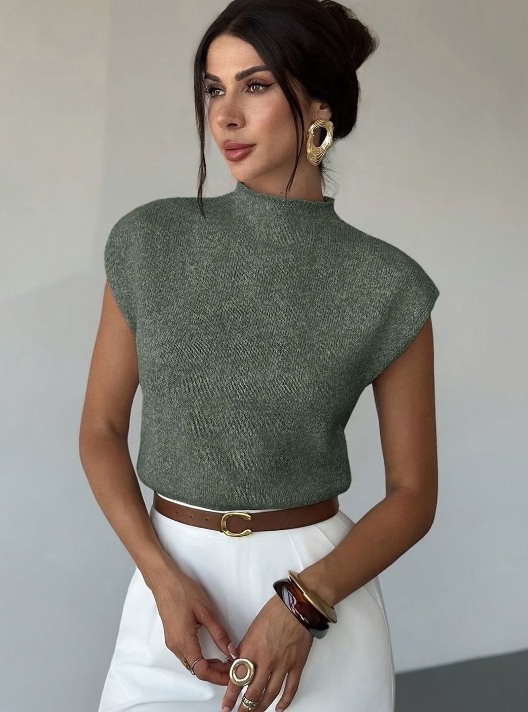 Women's Mock Neck Cap-Sleeve Knitted Sweater Vest