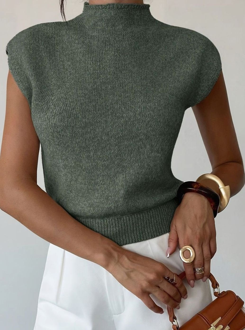 Women's Mock Neck Cap-Sleeve Knitted Sweater Vest