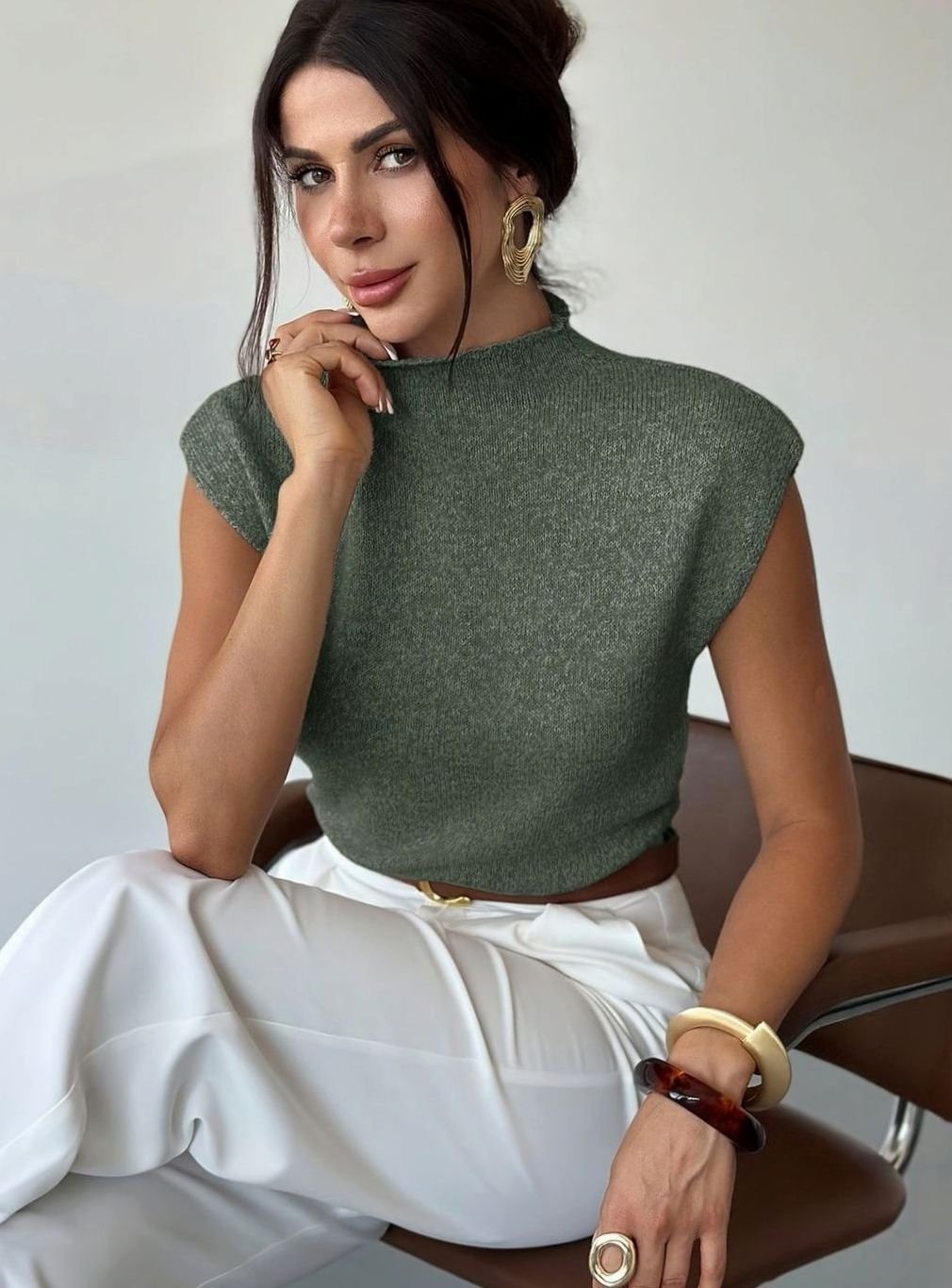Women's Mock Neck Cap-Sleeve Knitted Sweater Vest