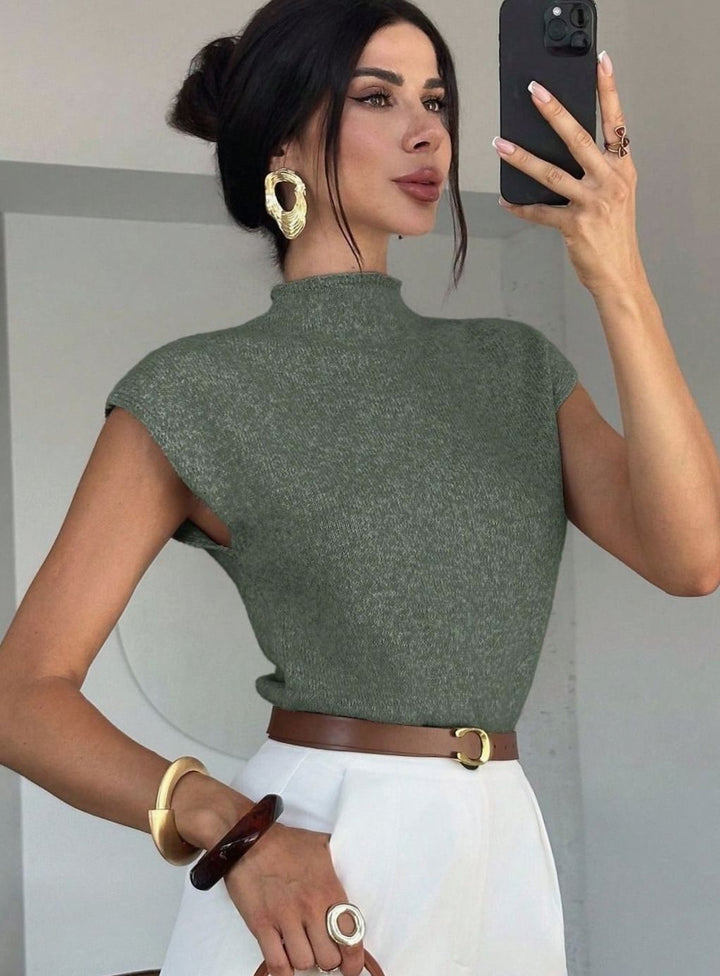 Women's Mock Neck Cap-Sleeve Knitted Sweater Vest