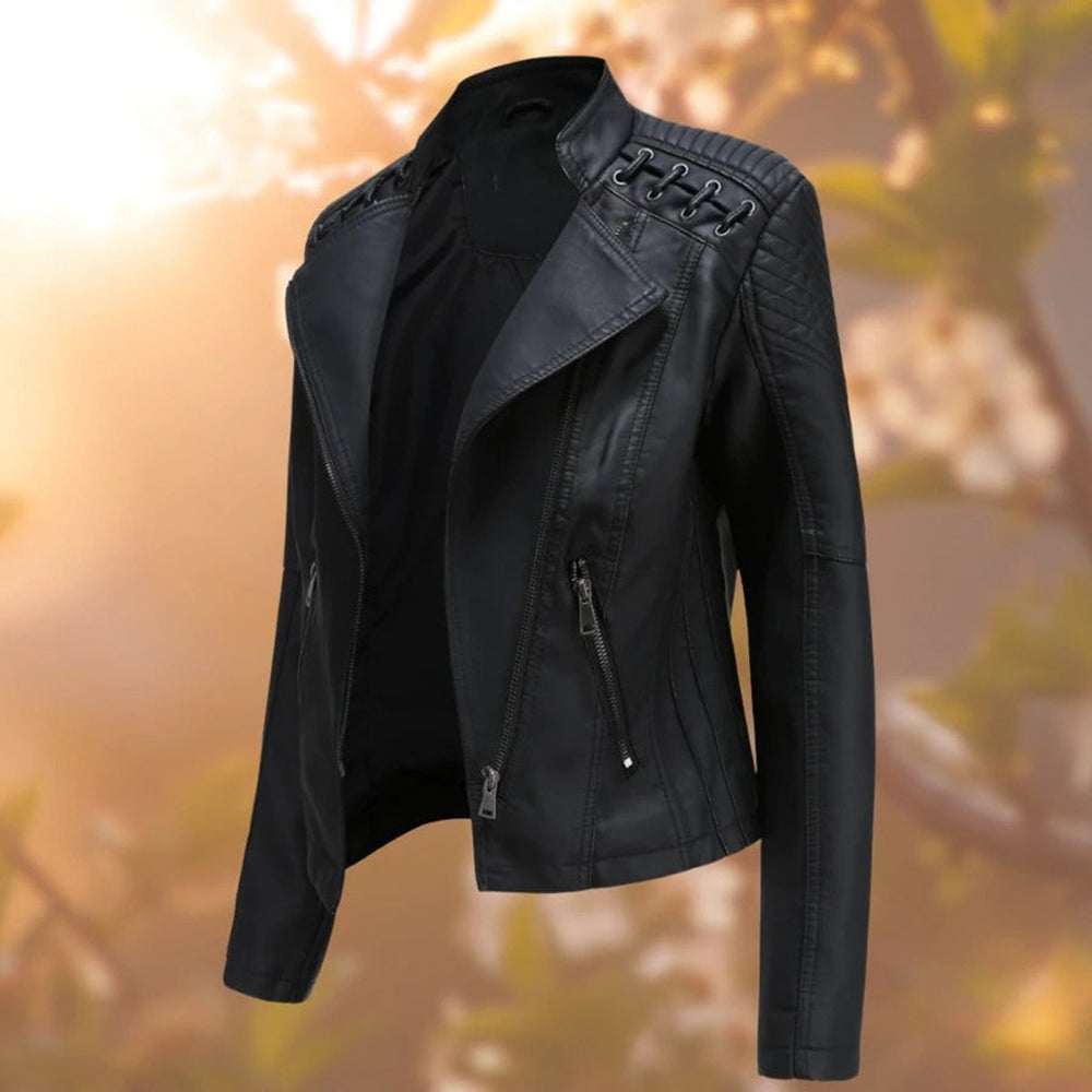 Women's Moto-Style Zip-Up Faux Leather Jacket - Black
