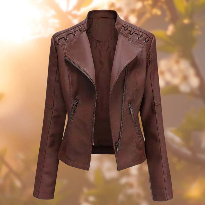 Women's Moto-Style Zip-Up Faux Leather Jacket - Dark Brown