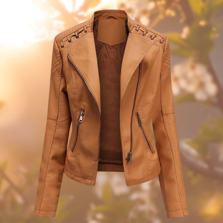 Women's Moto-Style Zip-Up Faux Leather Jacket - Orange