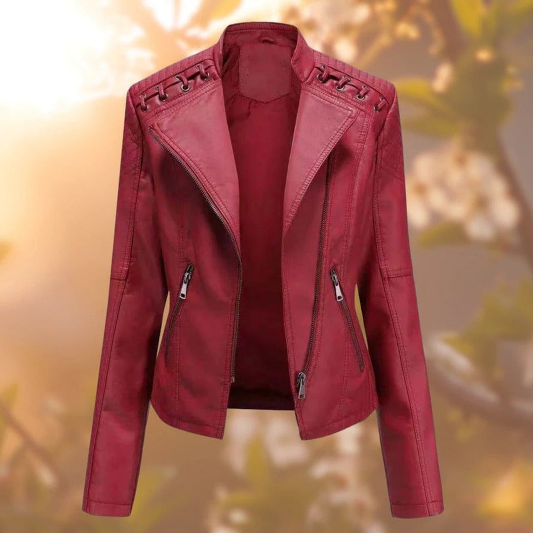 Women's Moto-Style Zip-Up Faux Leather Jacket - Dark Red