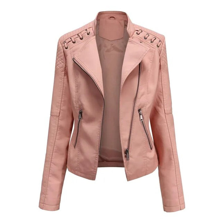 Women's Moto-Style Zip-Up Faux Leather Jacket - Pink