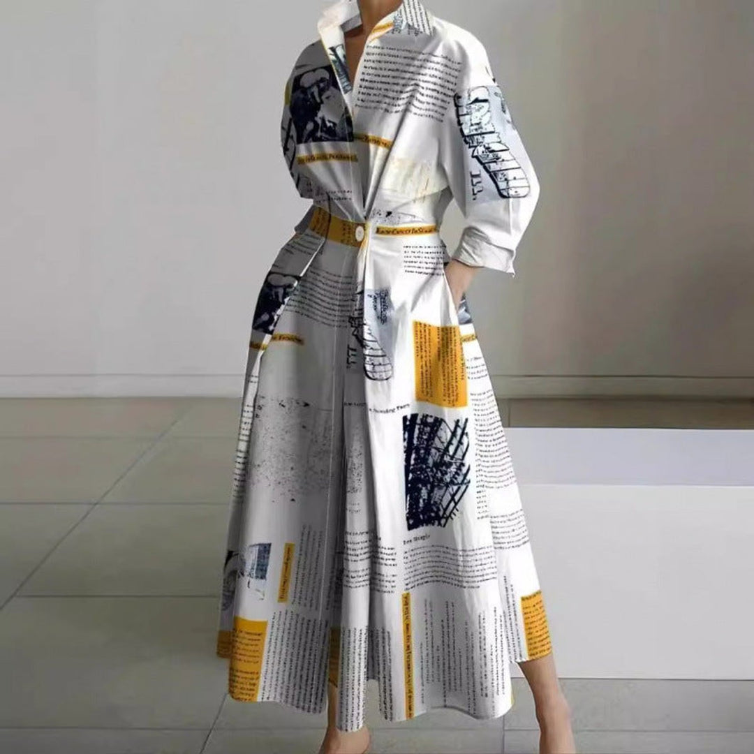 Women's Newspaper-Print Collared Wrap Maxi Dress