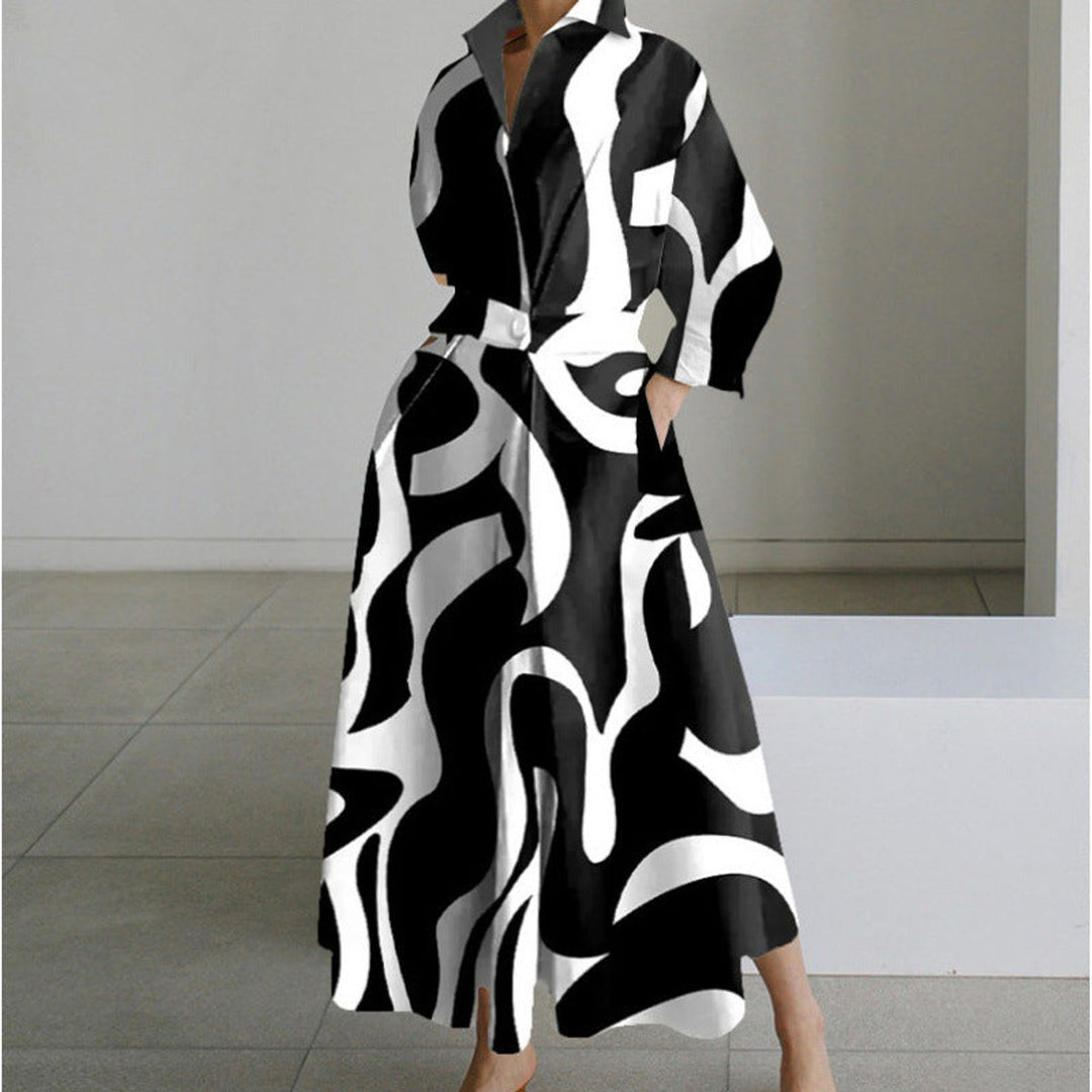 Women's Newspaper-Print Collared Wrap Maxi Dress - Black Stripe