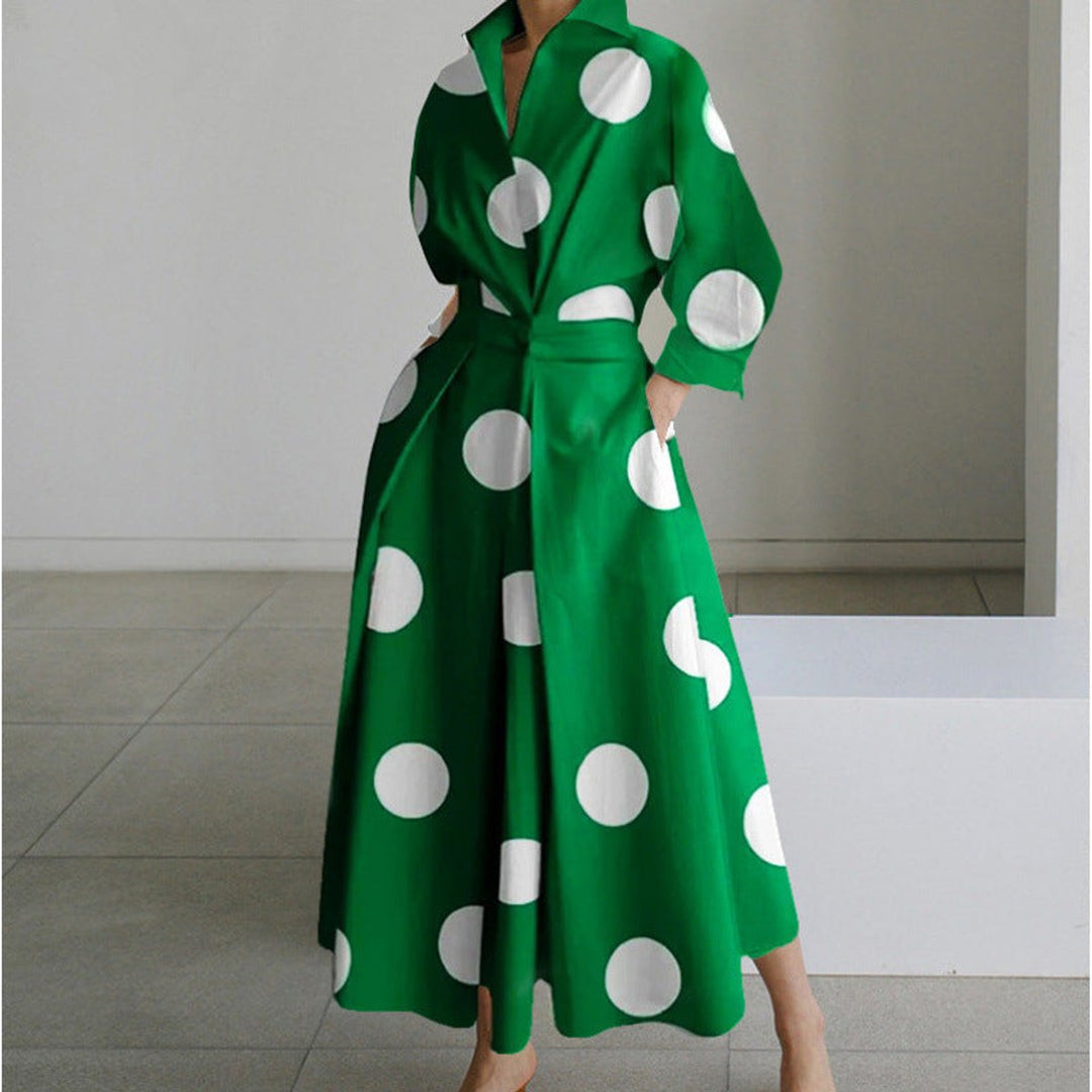 Women's Newspaper-Print Collared Wrap Maxi Dress - Green Polka Dot