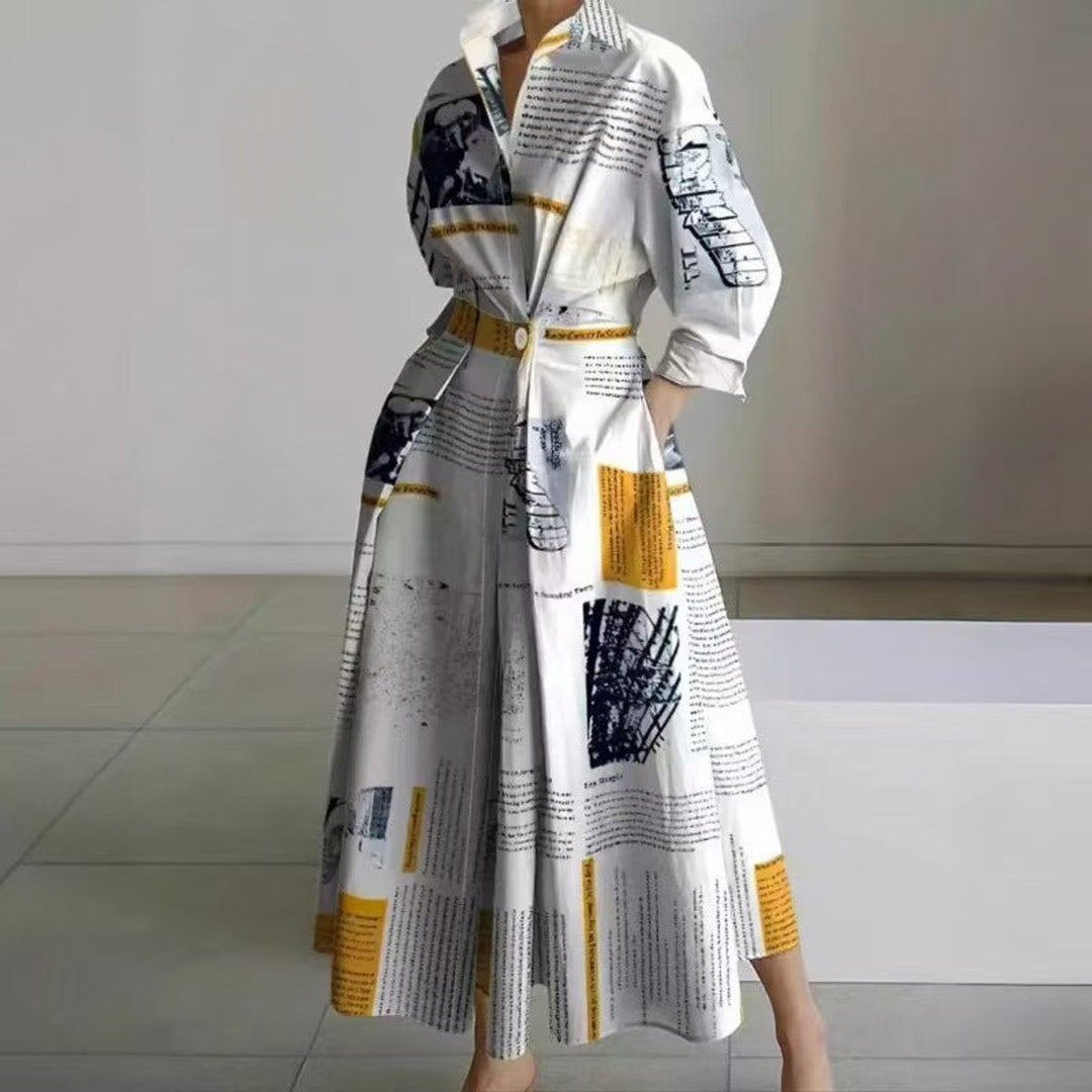 Women's Newspaper-Print Collared Wrap Maxi Dress - Yellow Newspaper Print
