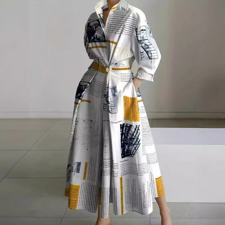 Women's Newspaper-Print Collared Wrap Maxi Dress - Yellow Newspaper Print