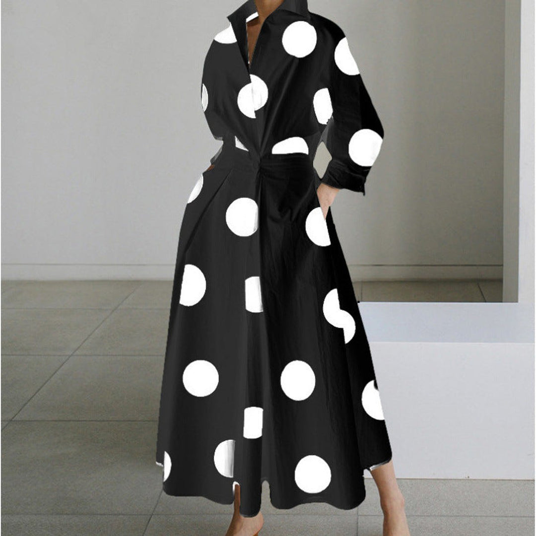 Women's Newspaper-Print Collared Wrap Maxi Dress - Black Polka Dot