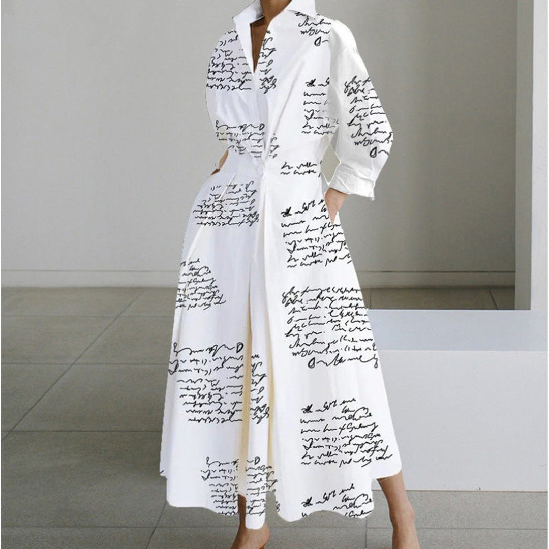 Women's Newspaper-Print Collared Wrap Maxi Dress - White Letter Print