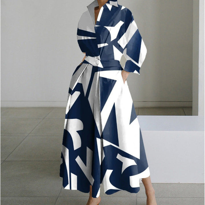 Women's Newspaper-Print Collared Wrap Maxi Dress - Blue Stripe