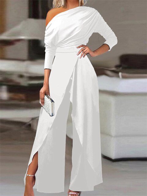 Women's Off-Shoulder Long-Sleeve Wide-Leg Jumpsuit - White