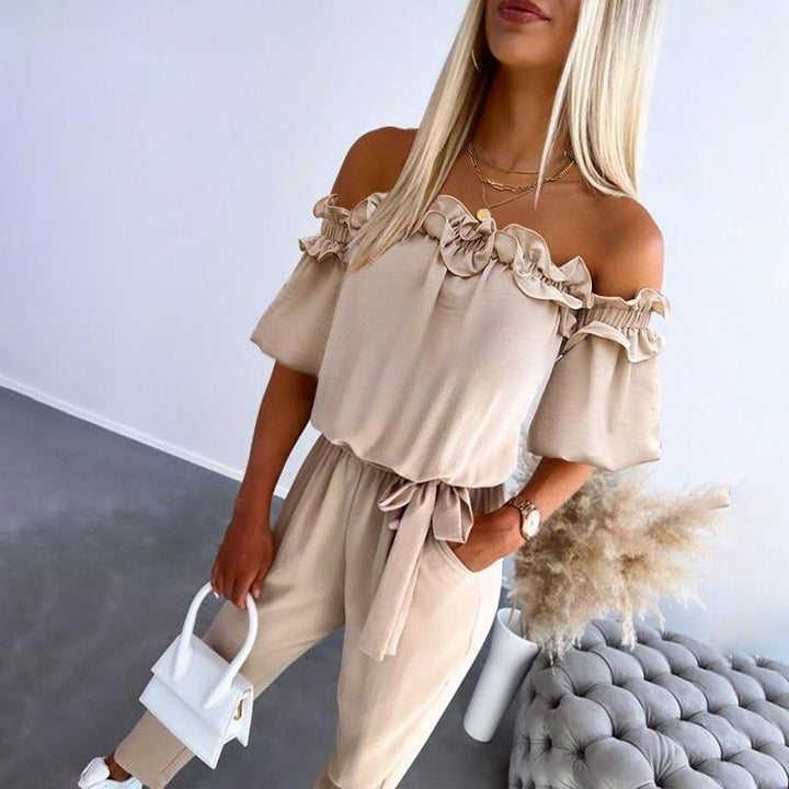 Women's Off-Shoulder Ruffle Tie-Waist Jumpsuit - Apricot