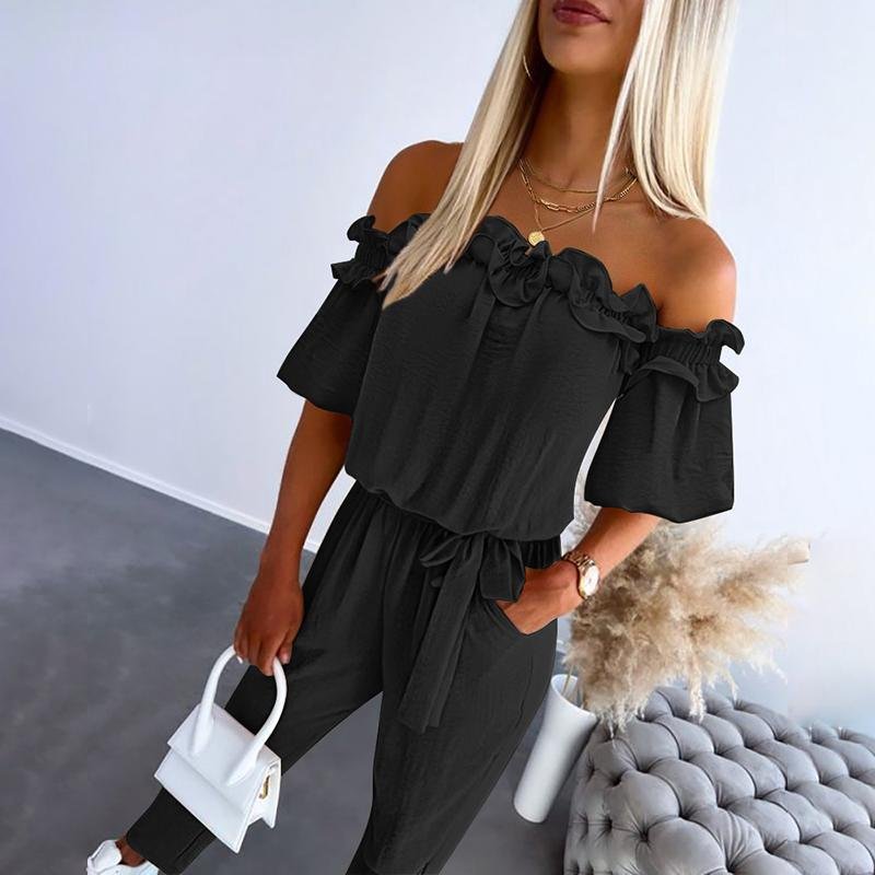 Women's Off-Shoulder Ruffle Tie-Waist Jumpsuit - Black