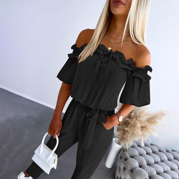 Women's Off-Shoulder Ruffle Tie-Waist Jumpsuit - Black