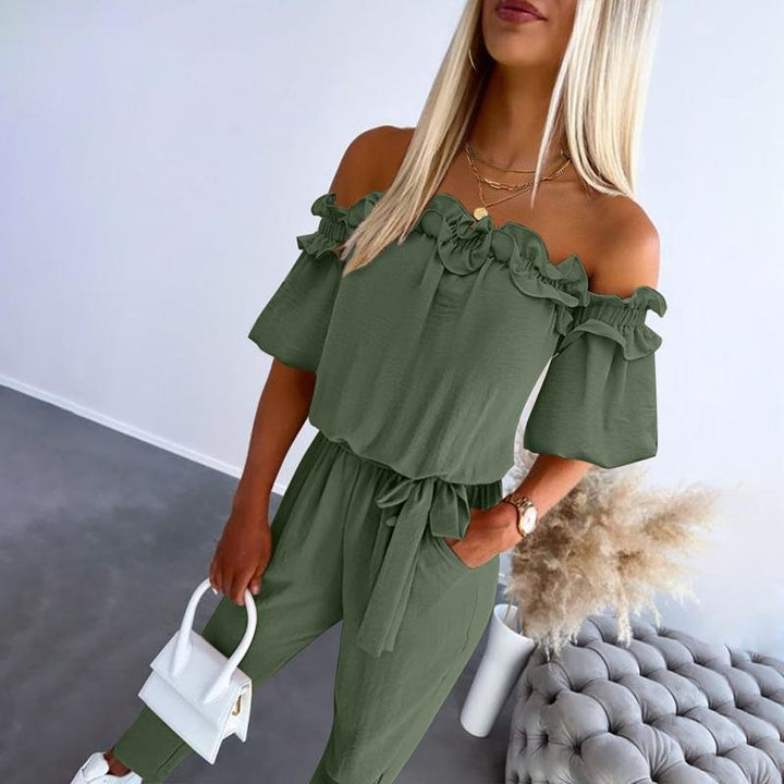 Women's Off-Shoulder Ruffle Tie-Waist Jumpsuit - Army Green