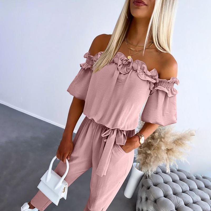 Women's Off-Shoulder Ruffle Tie-Waist Jumpsuit - Pink