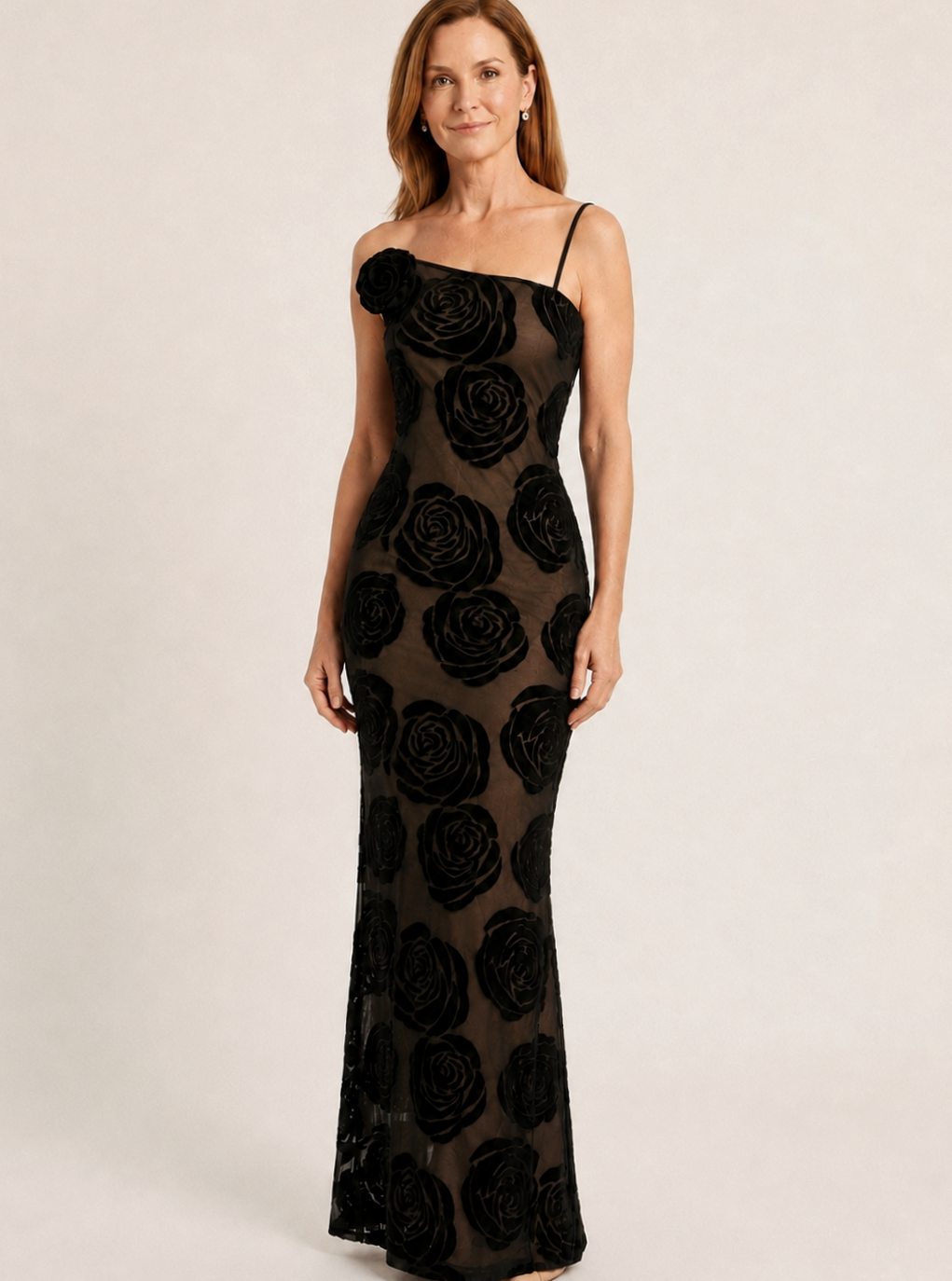 Women's One-Shoulder Floral Lace Fitted Black Maxi Dress - Black