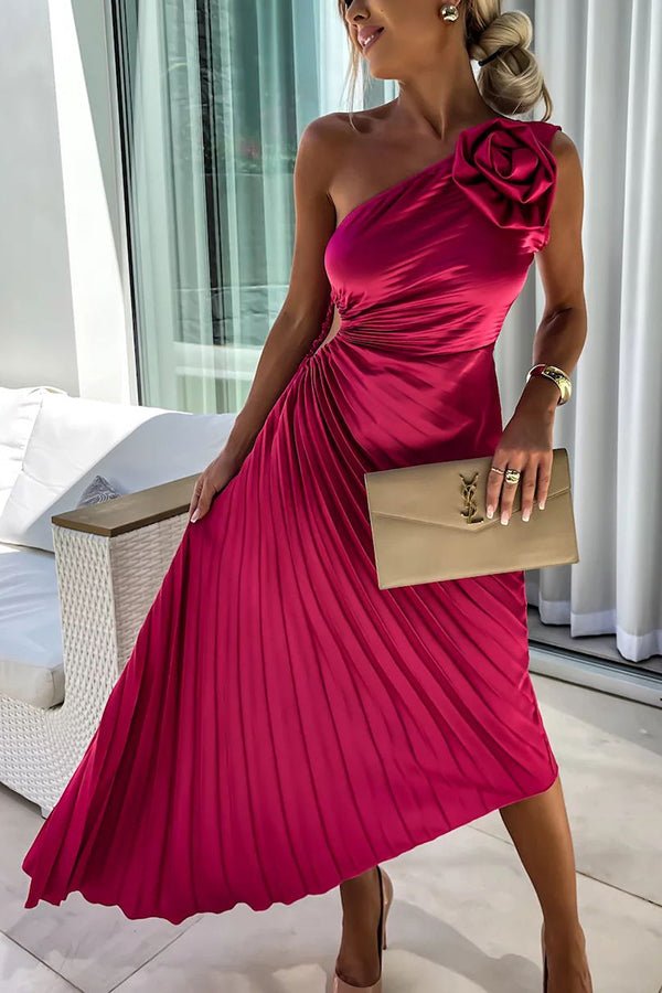 Women's One-Shoulder Pleated Midi Dress 3D Floral Satin - Red