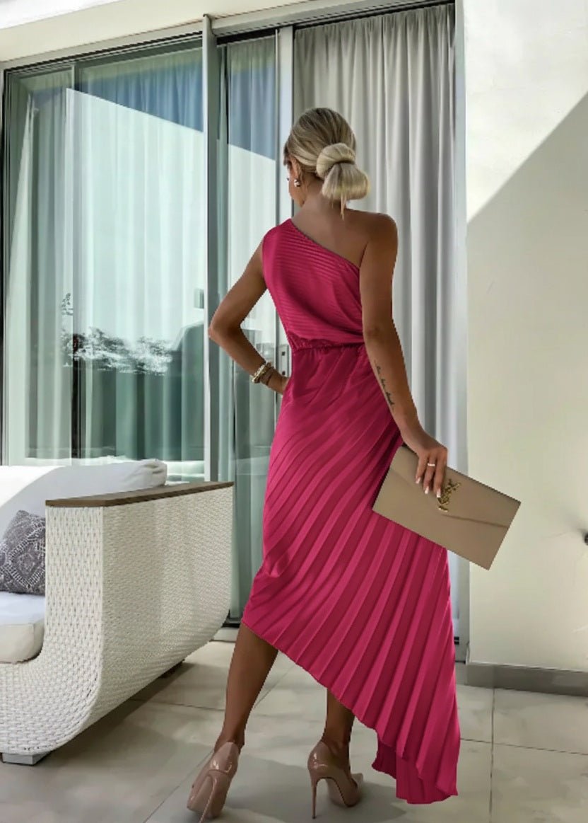 Women's One-Shoulder Pleated Midi Dress 3D Floral Satin