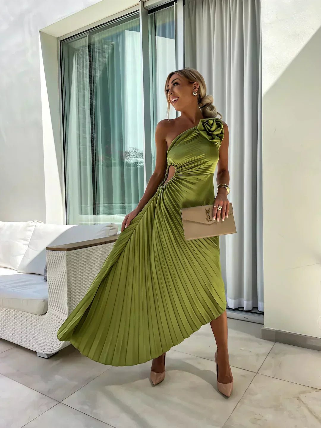 Women's One-Shoulder Pleated Midi Dress 3D Floral Satin