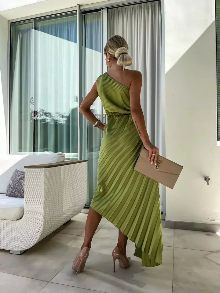 Women's One-Shoulder Pleated Midi Dress 3D Floral Satin