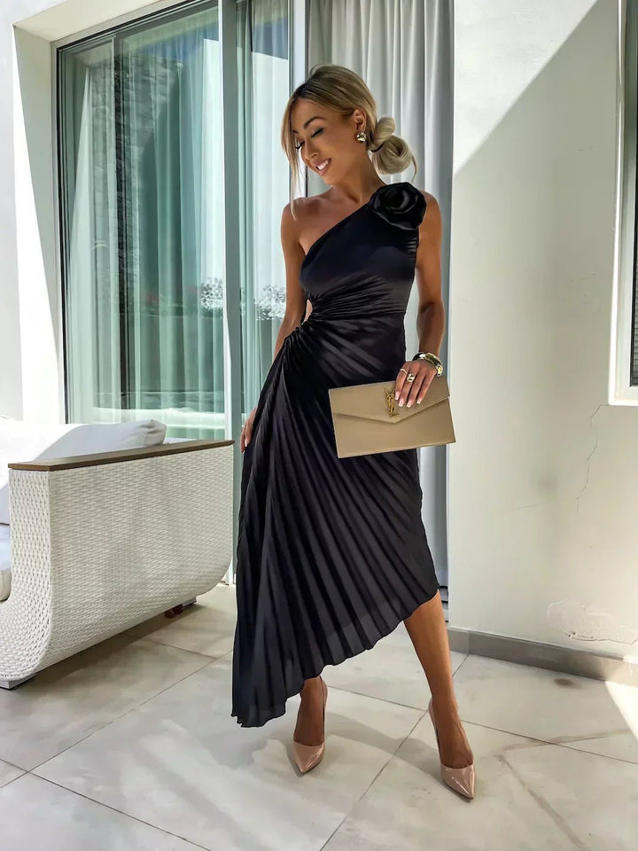 Women's One-Shoulder Pleated Midi Dress 3D Floral Satin - Black