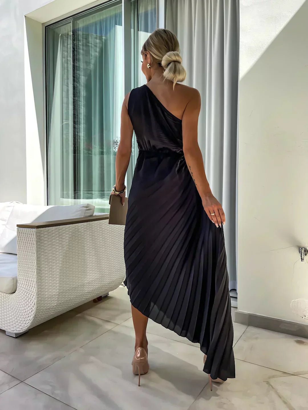 Women's One-Shoulder Pleated Midi Dress 3D Floral Satin