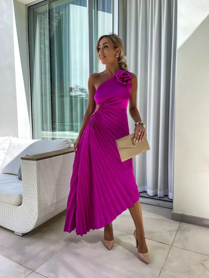 Women's One-Shoulder Pleated Midi Dress 3D Floral Satin - Purple