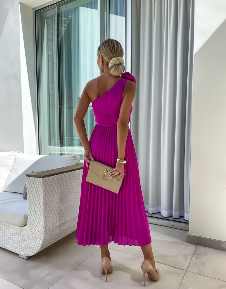 Women's One-Shoulder Pleated Midi Dress 3D Floral Satin