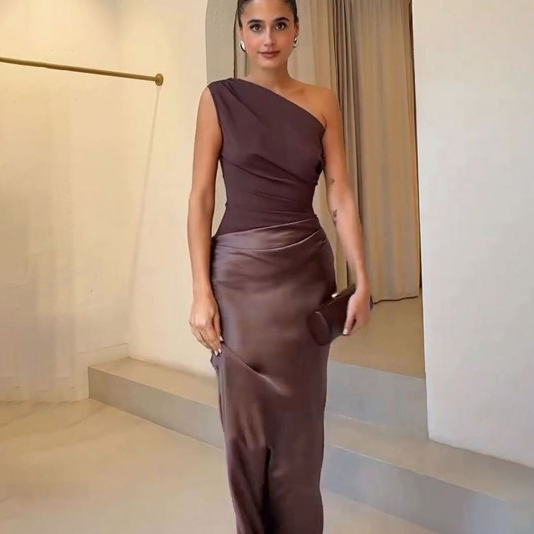 Women's One-Shoulder Ruched Faux Leather Midi Evening Dress