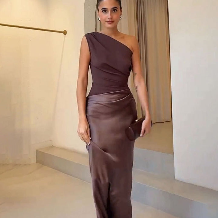 Women's One-Shoulder Ruched Faux Leather Midi Evening Dress