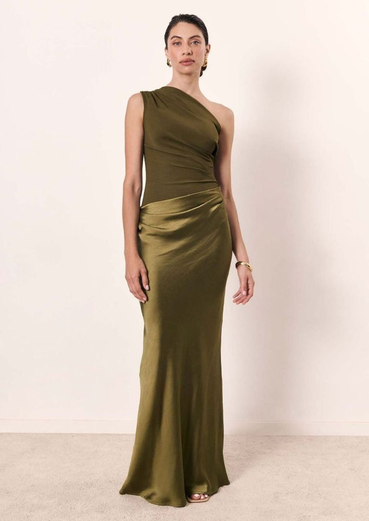 Women's One-Shoulder Ruched Faux Leather Midi Evening Dress