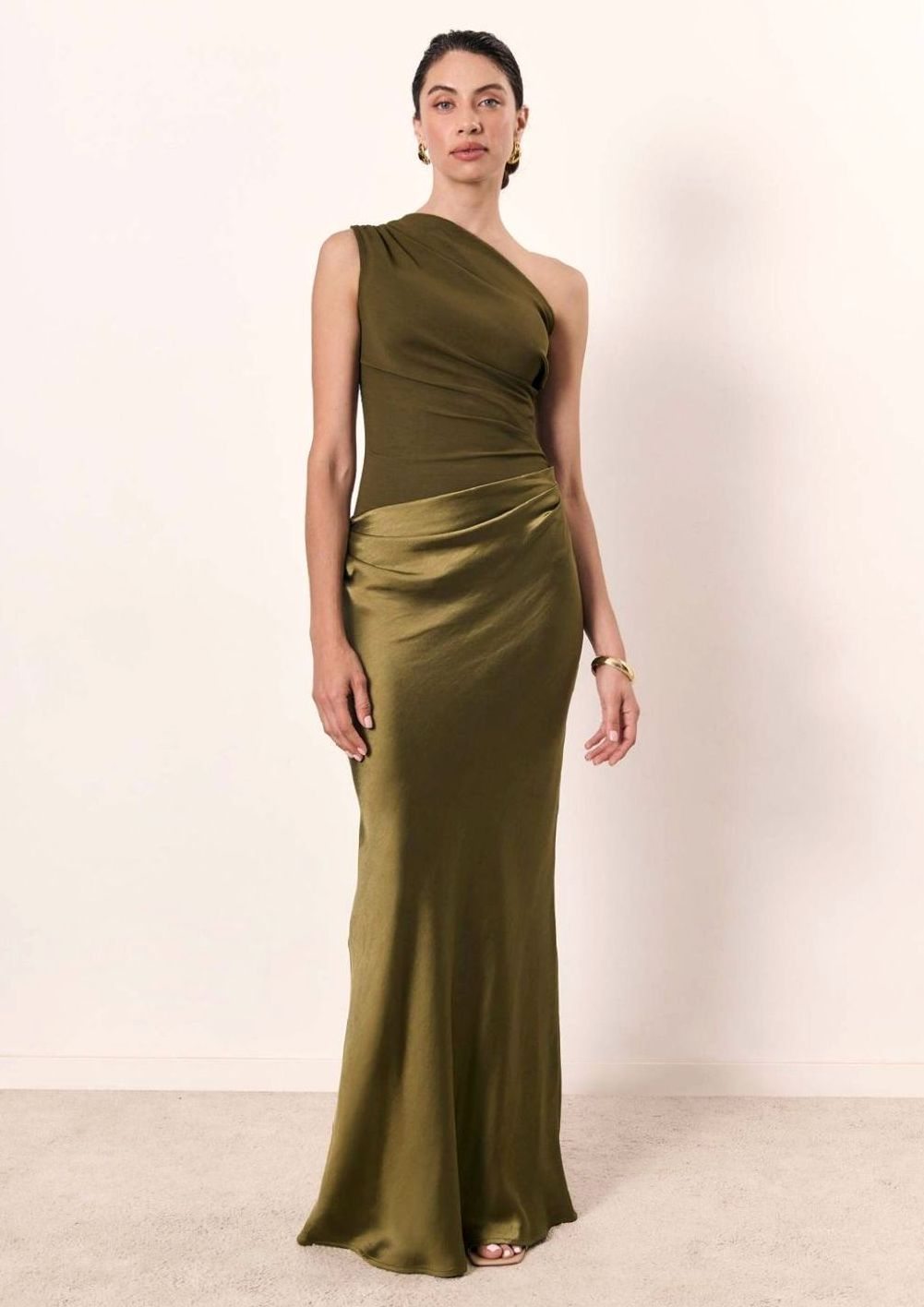 Women's One-Shoulder Ruched Faux Leather Midi Evening Dress - Matcha
