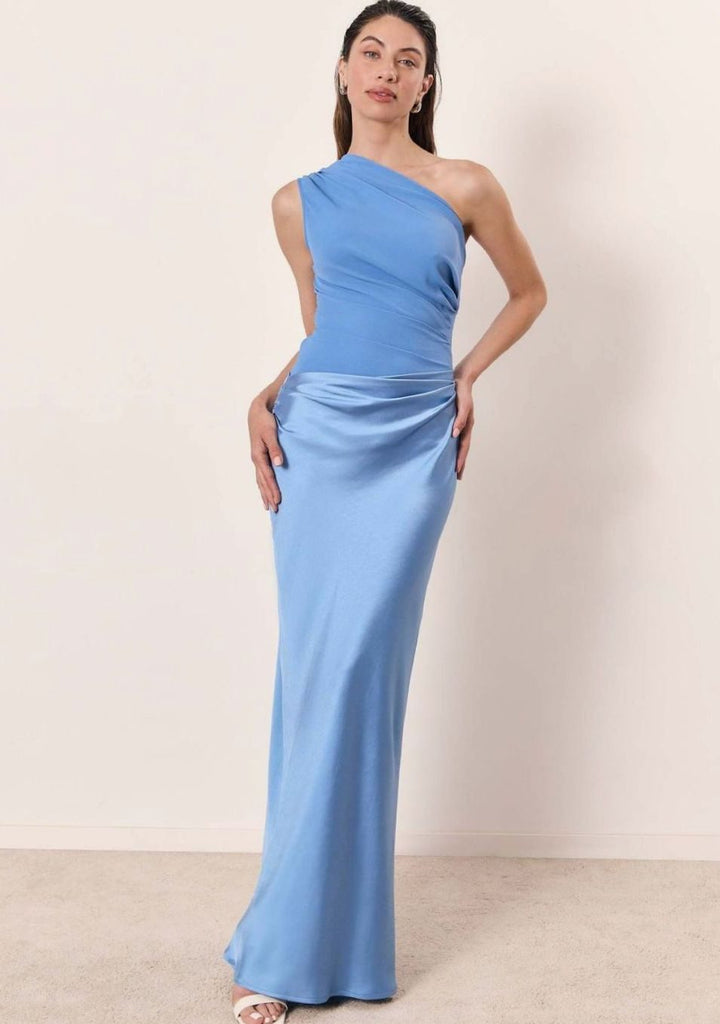 Women's One-Shoulder Ruched Faux Leather Midi Evening Dress - Sky Blue