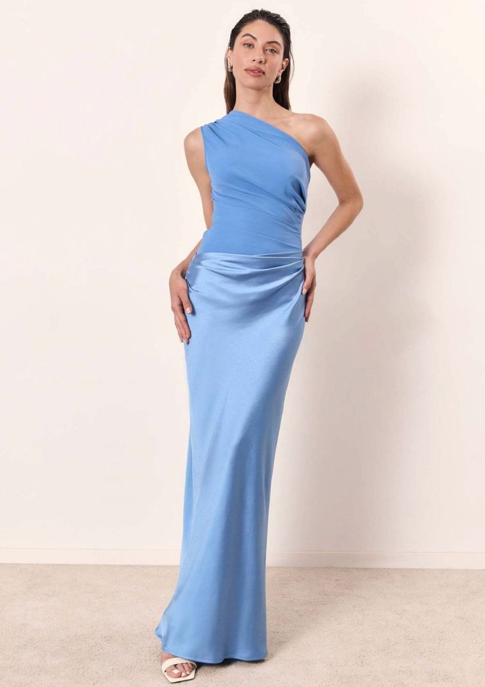 Women's One-Shoulder Ruched Faux Leather Midi Evening Dress