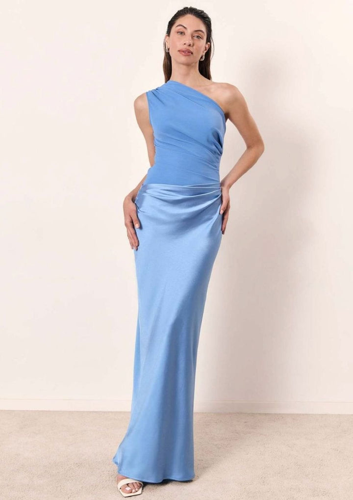 Women's One-Shoulder Ruched Faux Leather Midi Evening Dress