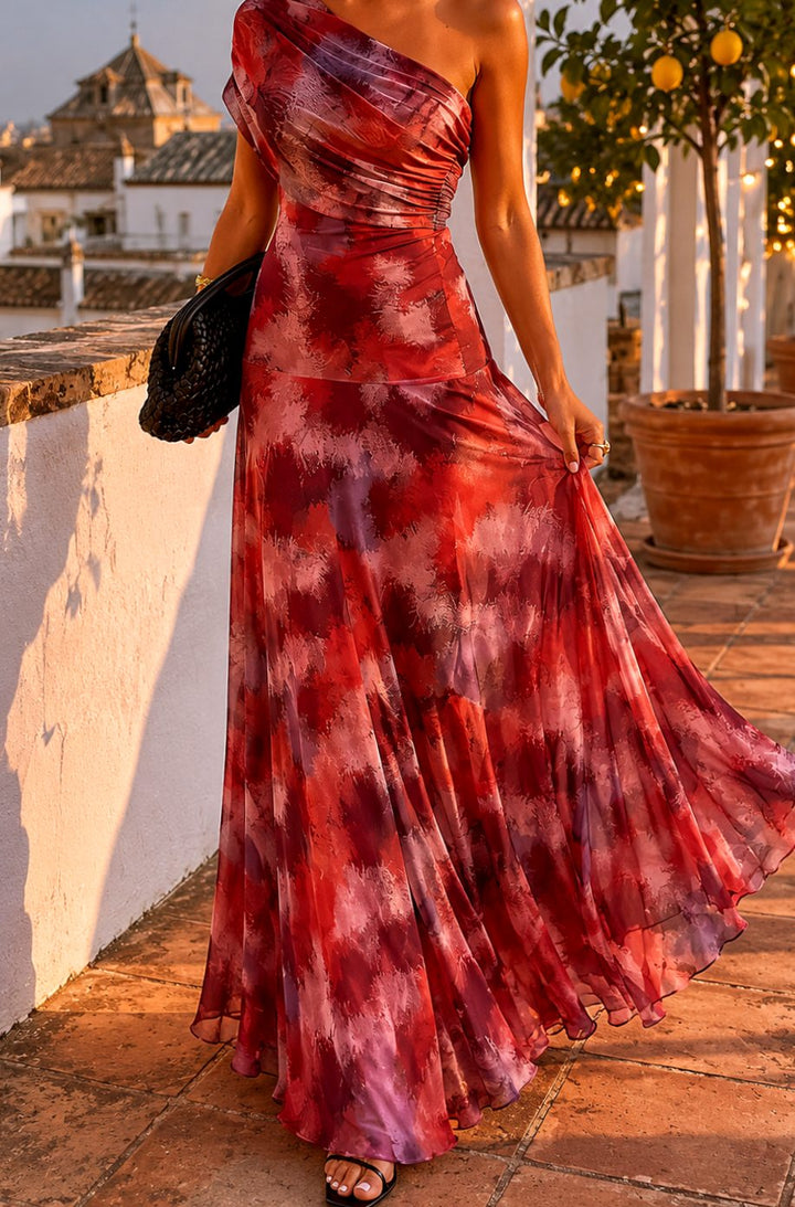 Women's One-Shoulder Ruched Flowy Maxi Dress - Red